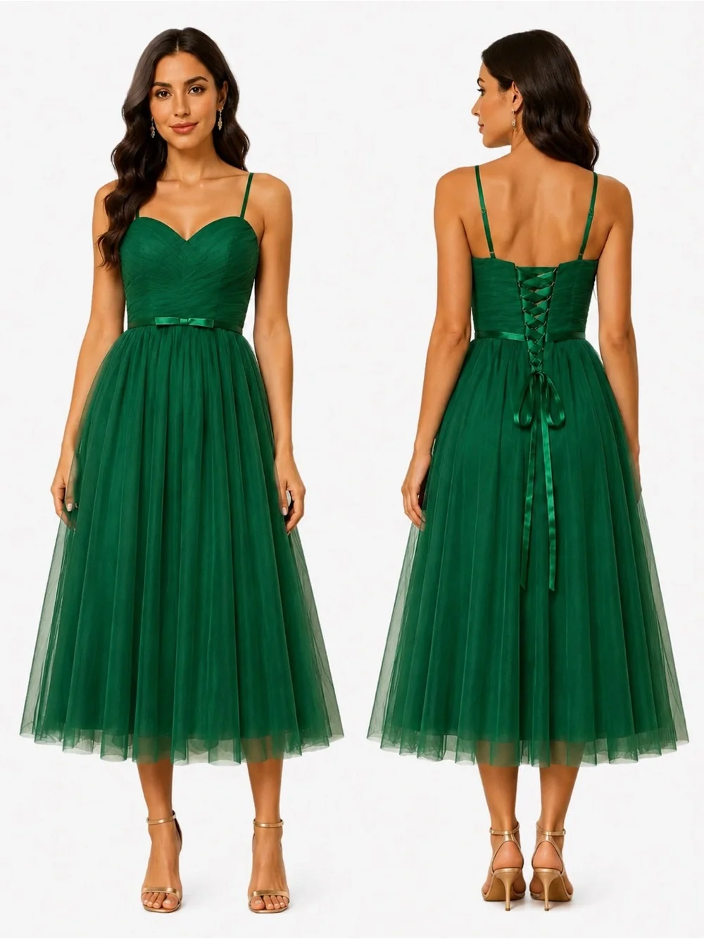 NWT Green Midi Tulle Spaghetti Strap Corset Back Formal Dress Women’s Size 8 - Picture 1 of 9